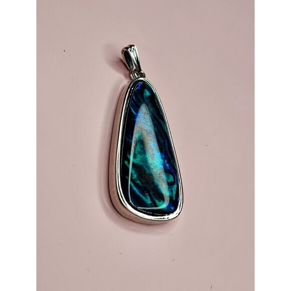 ABALONE SHELL TAPERED OVAL TEARDROP BLUE GREEN TURQUOISE PENDANT CHARM SILVER - Picture 5 of 12